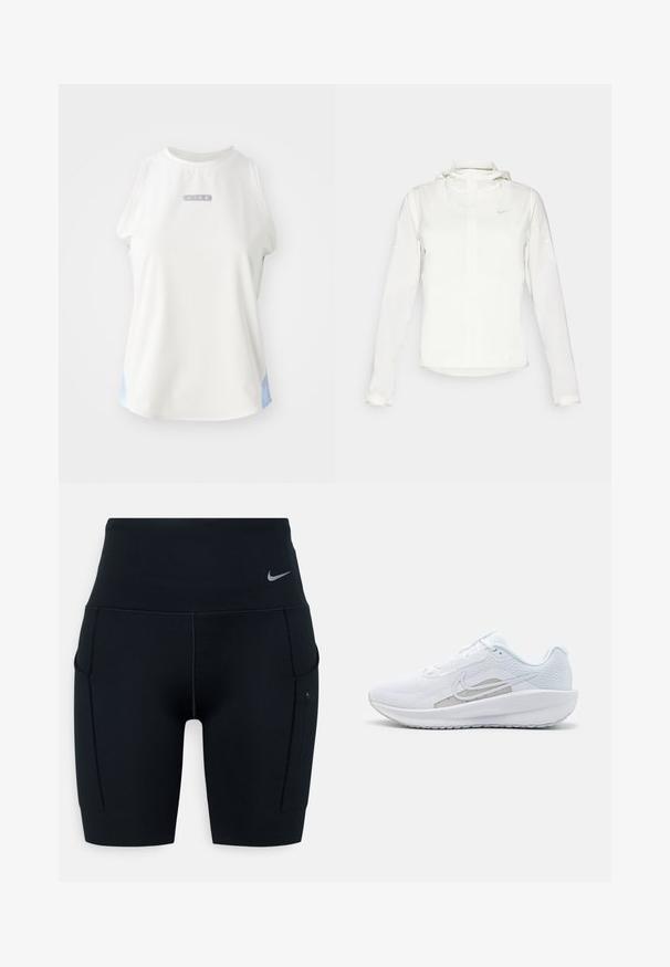 Fehér Nike dzseki kapucnival, teljes cipzárral, rugalmas mandzsettákkal és egy diszkrét logóval a mellkason. Sima textúrájú és könnyű kialakítású.; Fehér, ujjatlan Nike felső, kerek nyakkivágással, ezüst logóval és világoskék díszítéssel az oldalán. Sima, sportos anyag textúrája.; Fekete, magas derekú sportnadrág, rugalmas anyagból készült; oldalán zsebekkel és egy kis Nike logóval a derékrészen.; Fehér sportcipő hálós felsőrésze, kerek orra és textúrált talpa van. Ezüst Nike logóval és minimalista dizájnnal rendelkezik.