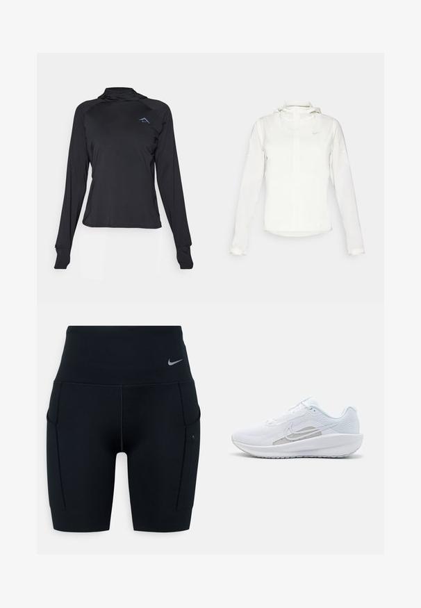 Witte Nike-jack met een capuchon, volledige rits, elastische manchetten en een subtiele logo op de borst. Gladde textuur en lichtgewicht ontwerp.; Zwart atletisch shirt met lange mouwen en een hoge kraag, met een slanke pasvorm en logodetail op de borst. Glad, lichtgewicht stof.; Zwarte hoogsluitende sportshorts gemaakt van rekbaar materiaal; heeft zijzakken en een klein Nike-logo op de tailleband.; Witte sportieve schoen met een bovenwerk van mesh, ronde neus en een textuurzool. Beschikt over een zilveren Nike swoosh en een minimalistisch ontwerp.