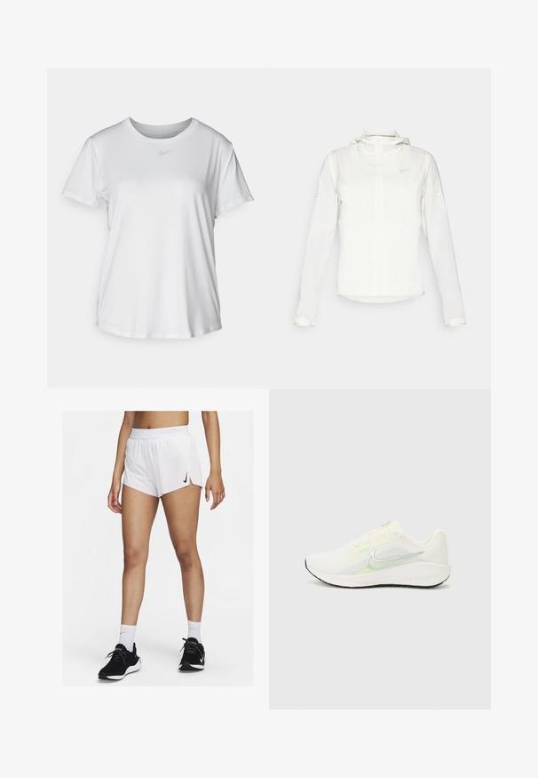 Valge Nike jakker, millel on kapuuts, täispikk tõmblukk, elastsed mansetid ja diskreetne logo rinnal. Sile tekstuur ja kerge disain.; Valge lühikeste varrukatega T-särk, mis on valmistatud siledast kangast, ümarate kaelustega ning mille rinnal on väike hall Nike logo.; Valged spordipüksid soonilise vöökohaga, külgmiste lõhikute ja musta Nike logoga. Kandmiseks koos mustade spordijalatsite ja valgete sportlike sokkidega.; Nike Performance DOWNSHIFTER 13 - Maanteejooksu jalatsid - sail/silver-coloured photon dust/summit white/barely volt/black