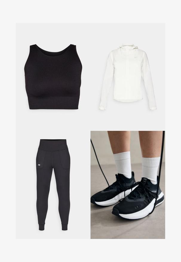 Bela Nike jakna s kapuco, polno zadrgo, elastičnimi manšetami in diskretnim logotipom na prsih. Gladka tekstura in lahko oblikovanje.; Črn rebrast kroj s kratkimi rokavi in širokimi izrezi za roke, izdelan iz mehke in raztegljive tkanine za udobje ter brezšivne zasnove.; Črne atletske legice iz raztegljivega materiala, ki imajo visok pas, stranske žepke in tesne manšete pri gležnjih.; Črne športne čevlje z strukturirano tkanino, belo podplatom in črnimi vezalkami. Nosi se z belimi rebrastimi nogavicami, stoje na svetli površini.