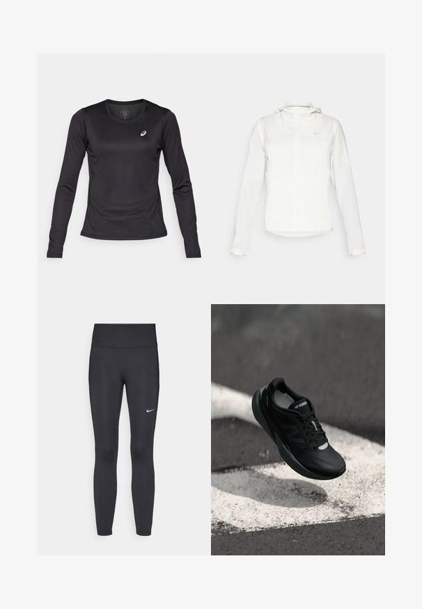 Biała kurtka Nike z kapturem, na zamek błyskawiczny, elastyczne mankiety i subtelne logo na piersi. Gładka tekstura i lekka konstrukcja.; ASICS - Bluzka z długim rękawem; Czarne legginsy z elastycznego materiału, z wysokim pasem i białym logo Nike na lewym udzie. Gładka tekstura, dopasowany krój.; Czarne buty do biegania z teksturowaną cholewką, smukłym designem i odblaskowymi akcentami. Posiadają miękką, amortyzującą podeszwę dla komfortu.