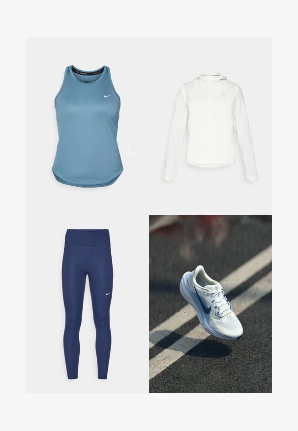 Valge Nike jakker, millel on kapuuts, täispikk tõmblukk, elastsed mansetid ja diskreetne logo rinnal. Sile tekstuur ja kerge disain.; Hele sinine Nike jooksutop, millel on ümmargune kaelus, varrukateta disain ja kõver hem. Esiküljel on väike valge Nike logo.; Tumed legginsid kõrge vöökohaga, valmistatud venivast kangast. Omavad peeneid õmblusi ja väikest valget Nike logo vasakul reitel.; Valge sportlik king, millel on hingav võrkkangas ja sinised aktsendid. Omab pehmet talla ja tasaseid paelu. Kesksolel on „Air Zoom“ brändingu märge.
