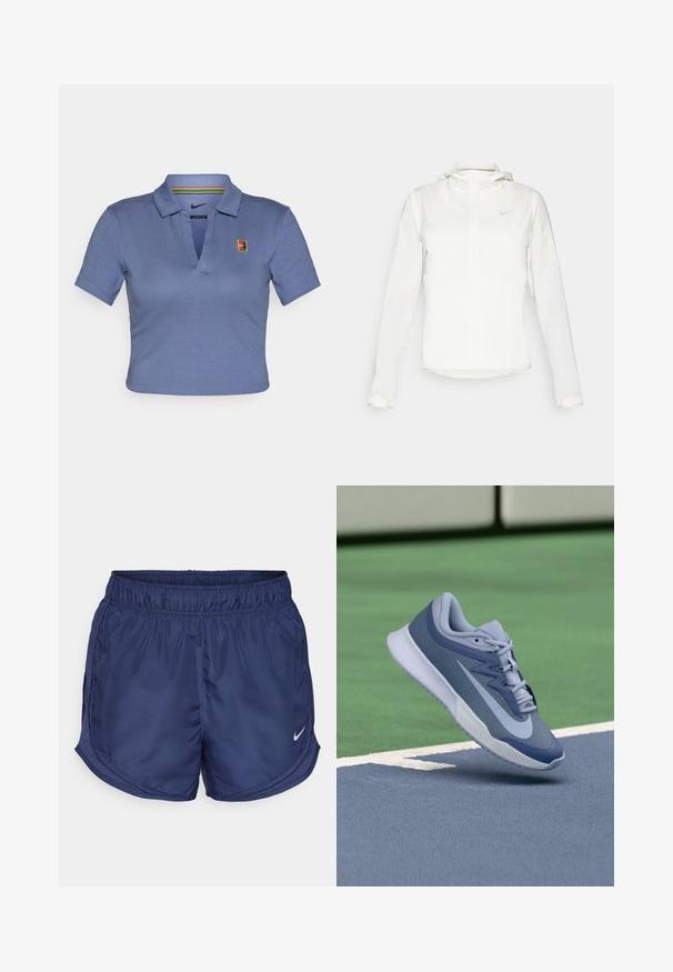 Hvid Nike-jakke med hætte, fuld lynlås, elastiske manchetter og et diskret logo på brystet. Glat tekstur og let design.; Kortærmet blå polo-shirt med krave, prydet med Nike-logo og en flerfarvet stribet detalje indeni kraven. Blødt materiale.; Marineblå træningsshorts med elastisk talje og sidepartier i mesh. Har et lille hvidt Nike-logo på nedre venstre side.; Sport sneaker i lys blå og marine, med en tekstureret overdel, flade snørebånd og en let hvid sål. Hævdet over en baneoverflade.