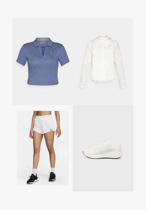 Valkoinen Nike-takki hupulla, täyspitkällä vetoketjulla, joustavilla hihansuilla ja hillityllä logolla rinnassa. Sujuva pinta ja kevyt muotoilu.; Lyhyeksi leikattu sininen polo-paita, jossa on kauluspanta, Nike-logo ja monivärinen raidoitus kauluksen sisäpuolella. Pehmeä materiaali.; Valkoiset urheilushortsit, joissa on resorivyötärö, sivuhaarat ja musta Nike-logo. Yhdistetty mustiin tennareihin ja valkoisiin polvisukkiin.; Nike Performance DOWNSHIFTER 13 - Katujuoksukengät - sail/silver-coloured photon dust/summit white/barely volt/black