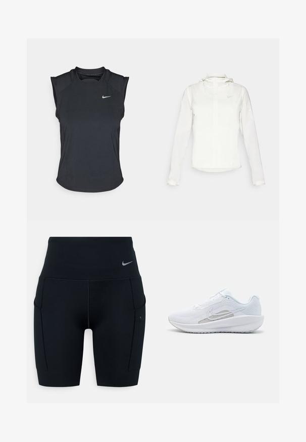 Valkoinen Nike-takki hupulla, täyspitkällä vetoketjulla, joustavilla hihansuilla ja hillityllä logolla rinnassa. Sujuva pinta ja kevyt muotoilu.; Nike Performance RUN TANK - Toppi - black; Musta korkea vyötäröinen urheilushortsit, jotka on valmistettu joustavasta materiaalista; sisältävät sivutaskut ja pienen Nike-logon vyötärökaistassa.; Valkoinen urheilujalkine, jossa on verkkomateriaali ylhäällä, pyöreä varvas ja teksturoitu pohja. Varustettu hopeisella Nike-ikkunalla ja minimalistisella muotoilulla.