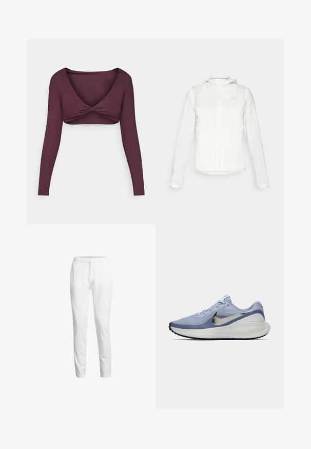 Valkoinen Nike-takki hupulla, täyspitkällä vetoketjulla, joustavilla hihansuilla ja hillityllä logolla rinnassa. Sujuva pinta ja kevyt muotoilu.; Pitkähihainen, syvän burgundin värinen lyhyt toppi, joka on tehty sileästä kankaasta ja jossa on kierretty etuosa sekä leveä V-pääntie.; Valkoiset kapenevat housut, jotka on valmistettu sileästä kankaasta. Ominaisuuksiin kuuluu tasainen etuosa, vyölenkit ja siisti vyötärönauha. Taskuja ei ole näkyvissä.; Vaaleansininen ja valkoinen Nike-juoksukengä, jossa on hopea swoosh, hengittävä verkko-osa, pehmustettu pohja ja musta ulkopohjan kuvio.