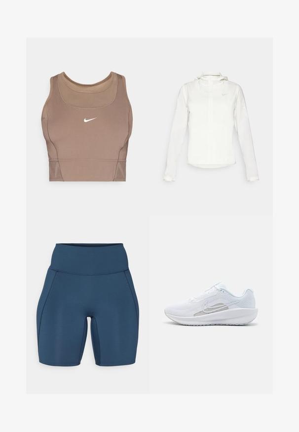 Giacca Nike bianca con cappuccio, zip completa, polsini elasticizzati e un logo discreto sul petto. Texture liscia e design leggero.; Bra sportivo marrone realizzato in tessuto elastico, con scollatura rotonda, cuciture rinforzate e logo Nike bianco sul davanti.; Pantaloni sportivi blu scuro con vita alta, texture liscia e cuciture piatte. Presentano un design aderente che arriva a metà coscia.; Scarpa sportiva bianca con tomaia in rete, punta arrotondata e suola testurizzata. Presenta il logo Nike in argento e un design minimalista.
