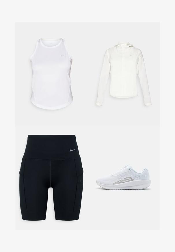 Valge Nike jakker, millel on kapuuts, täispikk tõmblukk, elastsed mansetid ja diskreetne logo rinnal. Sile tekstuur ja kerge disain.; Valge sportlik tank top ümmarguse kaelusega, ilma varrukateta disain ja tagasihoidlik peegeldav logo. Valmistatud siledast, niiskust eemaldasest kangast.; Mustad kõrge vöökohaga sportlikud lühikesed püksid, valmistatud venivast materjalist; külgedel on taskud ja vööl väike Nike logo.; Valge sportlik king, millel on võrgusilmast ülemine osa, ümar varvas ja tekstureeritud tallad. Omab hõbedast Nike logo ja minimalistikku disaini.