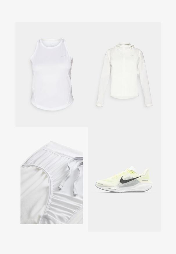 Biała kurtka Nike z kapturem, na zamek błyskawiczny, elastyczne mankiety i subtelne logo na piersi. Gładka tekstura i lekka konstrukcja.; Biały sportowy top bez rękawów z okrągłym dekoltem, subtelnym, odblaskowym logo. Wykonany z gładkiego, odprowadzającego wilgoć materiału.; Białe sportowe szorty z teksturowanym pasem, detalami z boku i płaskim sznurkiem do regulacji. Miękka tkanina o gładkim wykończeniu.; Biegi Nike z lekką żółtą i białą siateczką cholewy, szarymi akcentami i elastyczną gumową podeszwą. Posiada klasyczne sznurowanie.