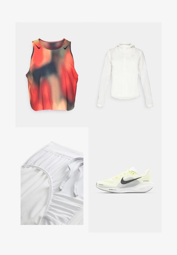 Witte Nike-jack met een capuchon, volledige rits, elastische manchetten en een subtiele logo op de borst. Gladde textuur en lichtgewicht ontwerp.; Mouwloze sporttop met een gradientpatroon in rood, oranje en donkergroen; gemaakt van een gladde, rekbare stof. Zwarte logo-accenten.; Witte sportshorts met een gestructureerde tailleband, geplooide zijkanten en een platte trekkoord. Zachte stof met een gladde afwerking.; Nike hardloopschoenen met een lichtgele en witte mesh bovenkant, grijze accenten en een flexibele rubberen zool. Voorzien van een vetersluiting.