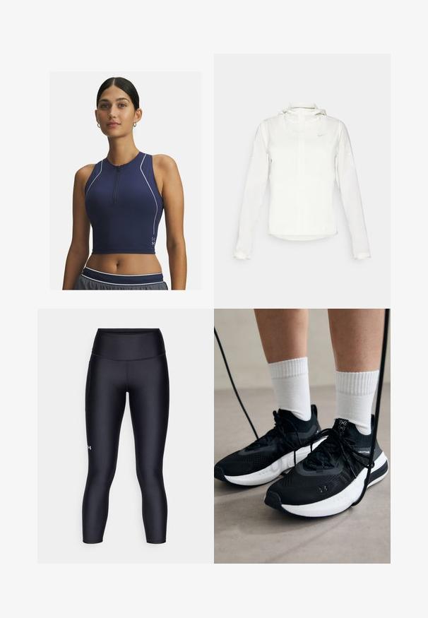 Witte Nike-jack met een capuchon, volledige rits, elastische manchetten en een subtiele logo op de borst. Gladde textuur en lichtgewicht ontwerp.; Marineblauw sport crop top met een halve rits, mouwloos ontwerp, geperforeerde textuur voor ademend vermogen en witte accentstiksels.; Zwarte leggings van glad, rekbaar materiaal. Hoog ingezette taille met een nauwsluitende pasvorm en een klein logo op het linkerpedaal.; Zwarte sportschoenen van gestructureerde stof, met een witte zool en zwarte veters. Draag ze met witte geribde sokken, staand op een lichte ondergrond.