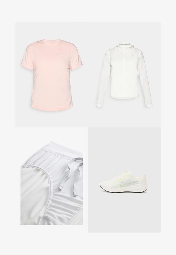 Casaco branco da Nike com capuz, fecho completo, punhos elásticos e um logótipo subtil no peito. Textura suave e design leve.; Camiseta atlética rosa clara feita de um tecido suave e respirável. Apresenta mangas curtas, decote redondo e um pequeno logotipo branco da Nike na parte frontal.; Calções atléticos brancos com um cós texturizado, detalhes laterais franzidos e um cordão liso. Tecido suave com acabamento suave.; Nike Performance DOWNSHIFTER 13 - Sapatos para corrida em estrada - sail/silver-coloured photon dust/summit white/barely volt/black