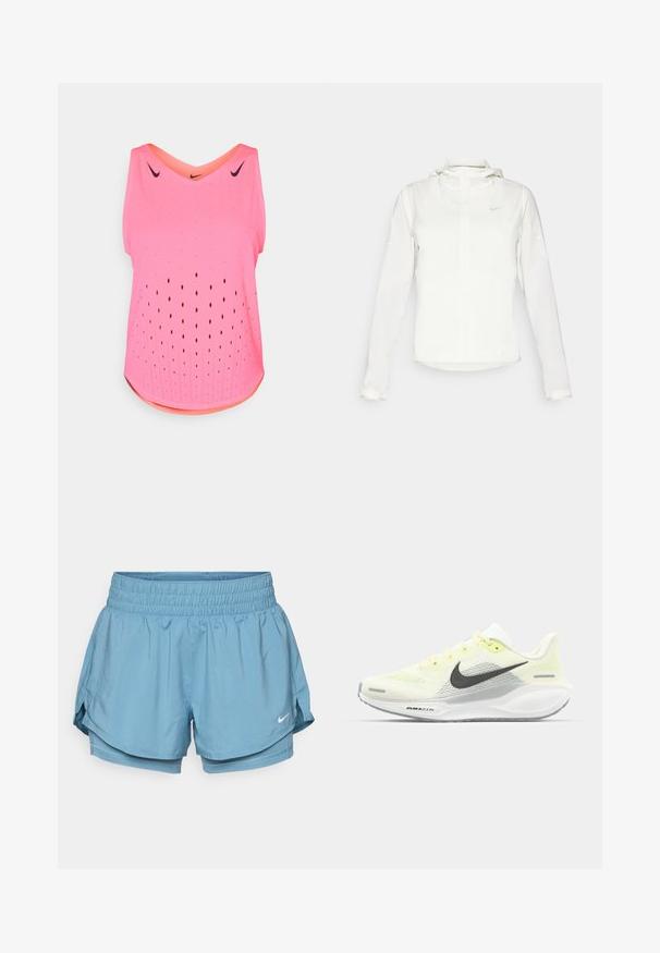 Witte Nike-jack met een capuchon, volledige rits, elastische manchetten en een subtiele logo op de borst. Gladde textuur en lichtgewicht ontwerp.; Roze sporttanktop met V-hals, voorzien van een open gaatjespatroon voor ventilatie en een contrasterende oranje afwerking aan de binnenkant van de hals.; Lichtblauwe sportshorts met een brede elastische tailleband, binnenvoering en zijsplitten voor bewegingsvrijheid. Beschikt over een klein wit logo.; Nike hardloopschoenen met een lichtgele en witte mesh bovenkant, grijze accenten en een flexibele rubberen zool. Voorzien van een vetersluiting.