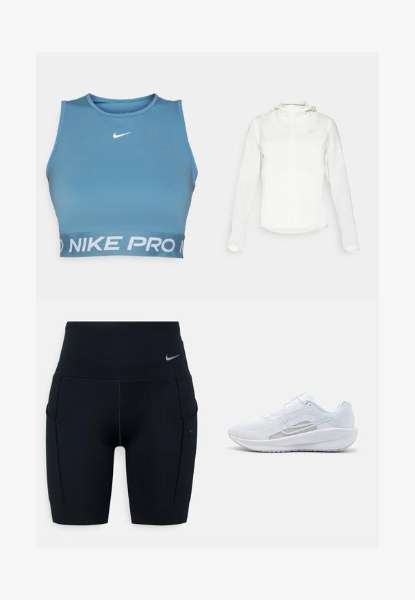 Valkoinen Nike-takki hupulla, täyspitkällä vetoketjulla, joustavilla hihansuilla ja hillityllä logolla rinnassa. Sujuva pinta ja kevyt muotoilu.; Sininen urheilullinen toppi, joka on valmistettu sileästä kankaasta ja siinä on pyöreä pääntie. Topissa on valkoinen Nike-logo ja "NIKE PRO" -teksti vyötäröllä.; Musta korkea vyötäröinen urheilushortsit, jotka on valmistettu joustavasta materiaalista; sisältävät sivutaskut ja pienen Nike-logon vyötärökaistassa.; Valkoinen urheilujalkine, jossa on verkkomateriaali ylhäällä, pyöreä varvas ja teksturoitu pohja. Varustettu hopeisella Nike-ikkunalla ja minimalistisella muotoilulla.