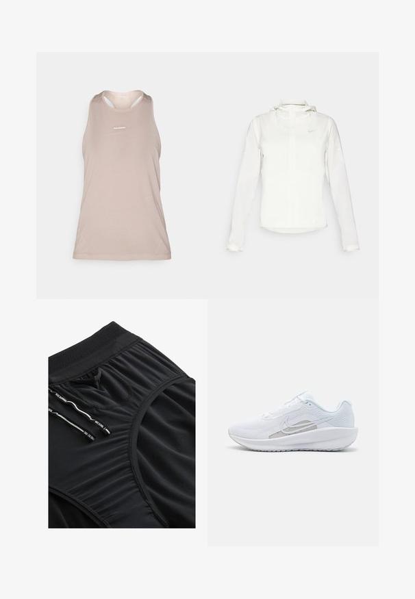 Chaqueta blanca de Nike con capucha, cremallera completa, puños elásticos y un logo sutil en el pecho. Textura suave y diseño ligero.; Top atlético sin mangas de color beige claro con textura de malla, escote redondeado y pequeño logotipo en la parte delantera. Tela suave, diseño ligero.; Pantalones cortos deportivos negros hechos de una tela suave, con una cinturilla texturizada, cordón y sutiles detalles de plisado.; Zapatilla deportiva blanca con parte superior de malla, punta redondeada y suela texturizada. Presenta un swoosh de Nike plateado y un diseño minimalista.