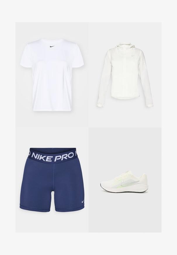 Casaco branco da Nike com capuz, fecho completo, punhos elásticos e um logótipo subtil no peito. Textura suave e design leve.; T-shirt atlético branca feita de tecido liso, com gola redonda e mangas curtas. Pequeno logótipo preto da Nike no centro do peito.; Calças curtas Nike Pro em azul-marinho com uma cintura larga, apresentando o texto "NIKE PRO" em branco e um pequeno logótipo branco no canto inferior direito. Textura de tecido suave.; Nike Performance DOWNSHIFTER 13 - Sapatos para corrida em estrada - sail/silver-coloured photon dust/summit white/barely volt/black