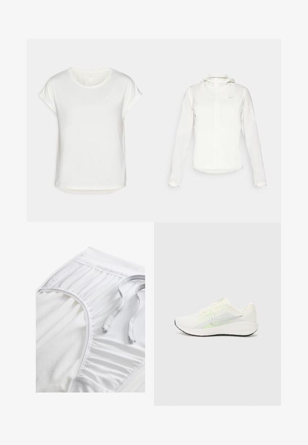 Veste blanche Nike avec capuche, fermeture éclair intégrale, poignets élastiques et un logo discret sur la poitrine. Texture lisse et design léger.; T-shirt blanc à manches courtes avec un col rond, en tissu lisse. Présente des manches roulées et un détail de logo subtil sur la poitrine.; Shorts de sport blancs avec une taille texturée, des détails froncés sur les côtés et un cordon plat. Tissu doux avec une finition lisse.; Nike Performance DOWNSHIFTER 13 - Chaussures de running sur route - sail/silver-coloured photon dust/summit white/barely volt/black