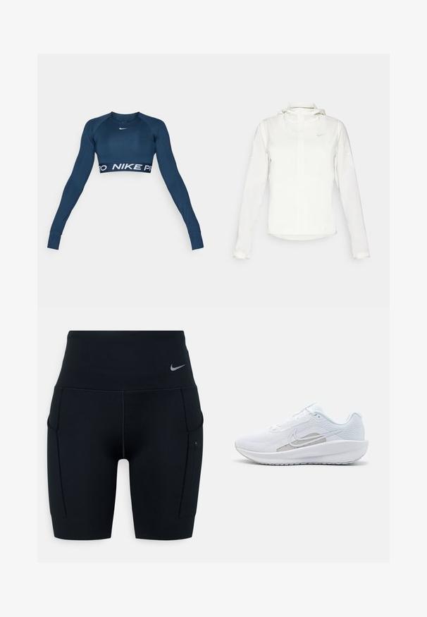 Casaco branco da Nike com capuz, fecho completo, punhos elásticos e um logótipo subtil no peito. Textura suave e design leve.; Top cropped atlético de mangas longas azul-marinho, feito de material elástico, com um logótipo branco da Nike e uma faixa larga "NIKE PRO" na parte inferior.; Calças curtas atléticas altas pretas feitas de material elástico; apresentam bolsos laterais e um pequeno logótipo da Nike na cintura.; Sapatilha atlética branca com parte superior em rede, bico arredondado e sola texturizada. Apresenta o símbolo Nike em prata e um design minimalista.