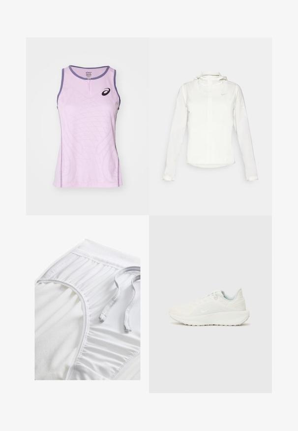 Valkoinen Nike-takki hupulla, täyspitkällä vetoketjulla, joustavilla hihansuilla ja hillityllä logolla rinnassa. Sujuva pinta ja kevyt muotoilu.; Vaalean violetti urheilutoppi, jossa on edessä vetoketju. Topissa on teksturoitu muotoilu ja tumman violetit yksityiskohdat kaula-aukoissa ja sivuilla.; Valkoiset urheilushortsit, joissa on teksturoidut vyötärönauhat, poimutetut sivuyksityiskohdat ja tasainen nyöri. Pehmeä kangas, jossa on sileä pinta.; Valkoiset urheilusukat, joissa on teksturoidut päälliset, pehmustettu nilkkaosa ja nauhakiinnitys. Ominaisuuksiin kuuluu kaareva ulkopohja ja hillitty brändäys sivulla.
