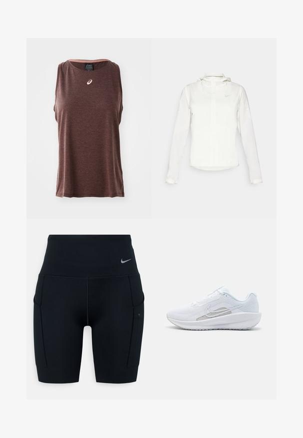 Biela Nike bunda s kapucňou, plným zipsom, elastickými manžetami a jemným logom na hrudi. Hladká textúra a ľahký dizajn.; Hnedý bezrukávový športový tank top s okrúhlym výstrihom, na hrudi s malým bielym logom a textúrovanou, jemnou tkaninou.; Čierne športové šortky s vysokým pásom vyrobené z elastického materiálu; obsahujú bočné vrecká a malé logo Nike na páse.; Biele atletické topánky s priedušným zvrškom, okrúhlym prstom a štruktúrovanou podrážkou. Obsahuje strieborný Nike swoosh a minimalistický dizajn.