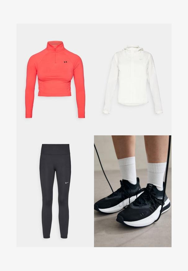 Casaco branco da Nike com capuz, fecho completo, punhos elásticos e um logótipo subtil no peito. Textura suave e design leve.; Top cropped de manga longa em coral brilhante, com colarinho alto e fecho de meio zíper. Feito de tecido elástico com um design ajustado. Acento de logo preto.; Leggings pretos feitos de tecido elástico, com uma cintura alta e um logo branco da Nike na coxa esquerda. Textura suave, design ajustado ao corpo.; Sapatilhas desportivas pretas com tecido texturizado, sola branca e atacadores pretos. Usadas com meias brancas caneladas, a pé sobre uma superfície clara.