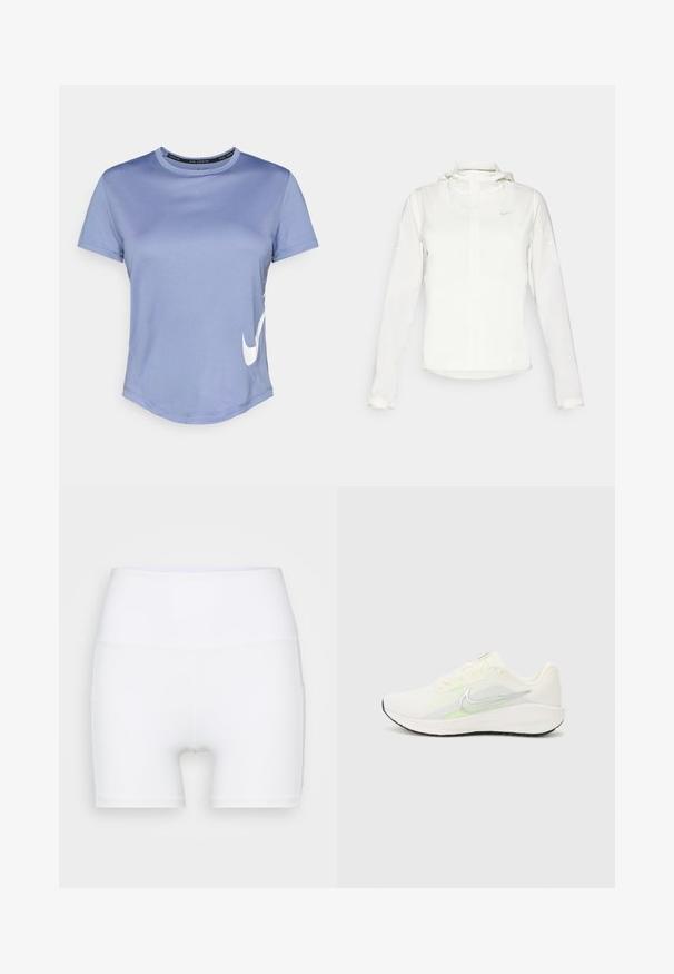 Casaco branco da Nike com capuz, fecho completo, punhos elásticos e um logótipo subtil no peito. Textura suave e design leve.; Camisola atlética de cor roxa clara, com decote redondo, mangas curtas e barra curvada. Apresenta um logótipo da Nike em branco de lado. Textura de tecido suave.; Calções brancos de cintura alta feitos de tecido elástico. Apresentam uma textura suave e um design justo, sem padrões ou acessórios adicionais.; Nike Performance DOWNSHIFTER 13 - Sapatos para corrida em estrada - sail/silver-coloured photon dust/summit white/barely volt/black