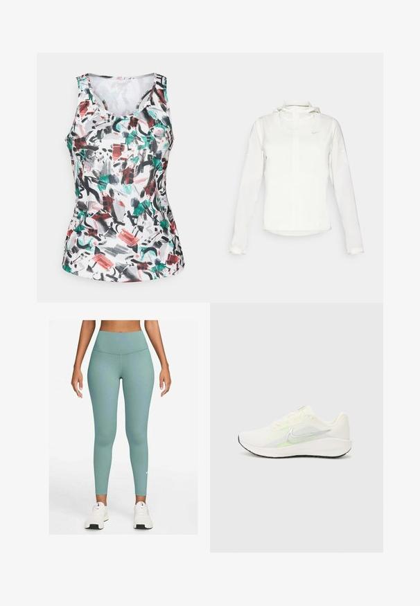 Weiße Nike-Jacke mit Kapuze, durchgehendem Reißverschluss, elastischen Bündchen und einem dezenten Logo auf der Brust. Glatte Textur und leichtes Design.; Ärmelloses Sport-Tanktop mit rundem Halsausschnitt, versehen mit einem abstrakten Pinselstrich-Muster in Grün, Rot, Schwarz und Grau auf weißem Stoff.; Hochgeschnittene, türkisfarbene Leggings aus dehnbarem Stoff, mit einer glatten Textur und einem kleinen weißen Logo am Knöchel.; Nike Performance DOWNSHIFTER 13 - Laufschuh Straße - sail/silver-coloured photon dust/summit white/barely volt/black