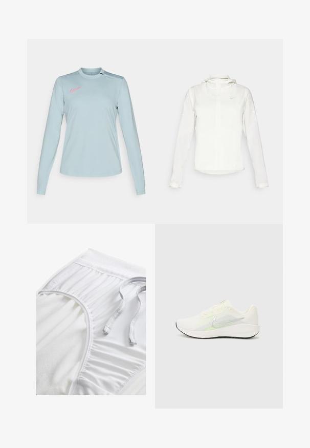 Valge Nike jakker, millel on kapuuts, täispikk tõmblukk, elastsed mansetid ja diskreetne logo rinnal. Sile tekstuur ja kerge disain.; Hele sinine pikkade varrukatega Nike särk ümarate kaelustega, millel on vasakul õlal roosa logo ja sile tekstuuriga kangas.; Valged sportlikud lühikesed püksid tekstureeritud vööosaga, kogutud külgedetailidega ja lameda tõmblukuga. Pehme kangas siledast viimistlusest.; Nike Performance DOWNSHIFTER 13 - Maanteejooksu jalatsid - sail/silver-coloured photon dust/summit white/barely volt/black