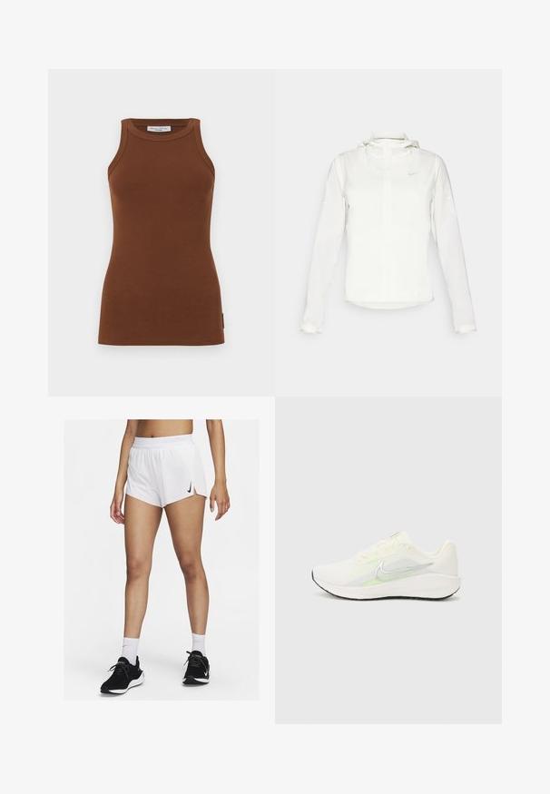 Hvid Nike-jakke med hætte, fuld lynlås, elastiske manchetter og et diskret logo på brystet. Glat tekstur og let design.; Brun ribbet tanktop med en tætsiddende design, rund hals og brede skulderstropper. Har et lille logomærke på siden.; Hvide atletikshorts med ribbet taljebånd, sideslids og sort Nike-logo. Båret med sorte sneakers og hvide crew-sokker.; Nike Performance DOWNSHIFTER 13 - Løbesko til landevejen - sail/silver-coloured photon dust/summit white/barely volt/black