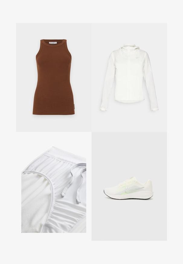 Hvid Nike-jakke med hætte, fuld lynlås, elastiske manchetter og et diskret logo på brystet. Glat tekstur og let design.; Brun ribbet tanktop med en tætsiddende design, rund hals og brede skulderstropper. Har et lille logomærke på siden.; Hvide atletiske shorts med en tekstureret talje, sammensnørede sideløsninger og en flad snoretræk. Blødt stof med en glat overflade.; Nike Performance DOWNSHIFTER 13 - Løbesko til landevejen - sail/silver-coloured photon dust/summit white/barely volt/black