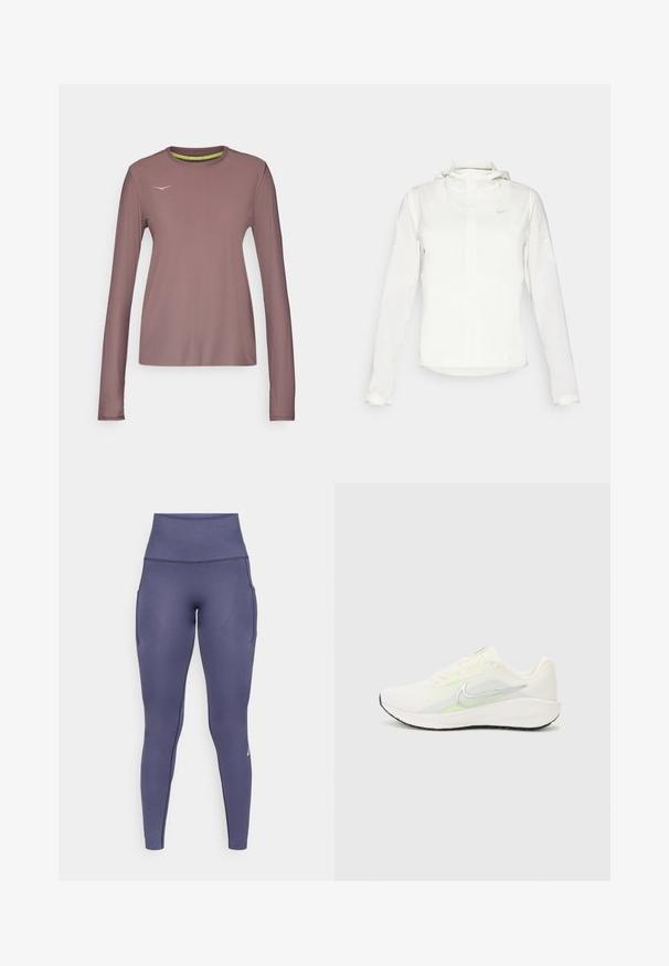 Balta Nike striukė su gobtuvu, pilnu užtrauktuku, elastingomis rankovėmis ir subtiliu logotipu ant krūtinės. Sklandi tekstūra ir lengvas dizainas.; HOKA AIROLITE RUN LONG SLEEVE - Ilgarankovis viršutinės dalies drabužis - smokey quartz; Aukštai juosmeniai, be siūlių, tamsiai mėlyni sportiniai leggingai su šoninėmis kišenėmis ir subtiliu tekstūruotu raštu, skirti aktyviam gyvenimo būdui.; Nike Performance DOWNSHIFTER 13 - Bėgimo batai plentui - sail/silver-coloured photon dust/summit white/barely volt/black