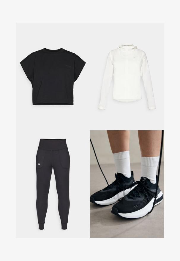 Witte Nike-jack met een capuchon, volledige rits, elastische manchetten en een subtiele logo op de borst. Gladde textuur en lichtgewicht ontwerp.; Zwarte cropped t-shirt van zacht katoen met korte mouwen en een ronde hals. Heeft een subtiele logo aan de voorkant.; Zwarte sportleggings van rekbaar materiaal, met een hoge tailleband, zijzakken en aansluitende boorden bij de enkels.; Zwarte sportschoenen van gestructureerde stof, met een witte zool en zwarte veters. Draag ze met witte geribde sokken, staand op een lichte ondergrond.