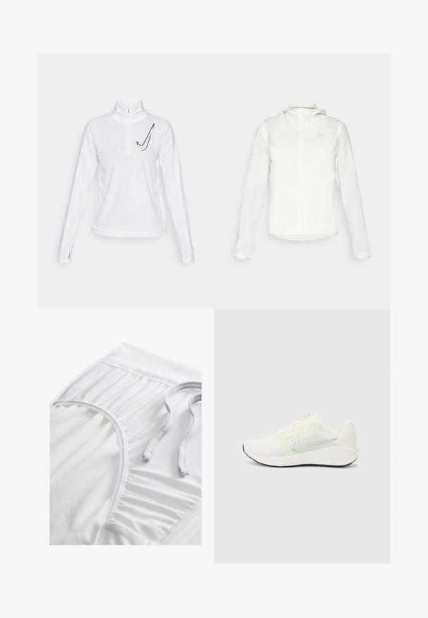 Hvid Nike-jakke med hætte, fuld lynlås, elastiske manchetter og et diskret logo på brystet. Glat tekstur og let design.; Hvid langærmet zip-up-top lavet af glat stof med et sort Nike-logo på venstre bryst og sideslidser ved ærmerne.; Hvide atletiske shorts med en tekstureret talje, sammensnørede sideløsninger og en flad snoretræk. Blødt stof med en glat overflade.; Nike Performance DOWNSHIFTER 13 - Løbesko til landevejen - sail/silver-coloured photon dust/summit white/barely volt/black