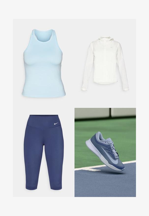 Weiße Nike-Jacke mit Kapuze, durchgehendem Reißverschluss, elastischen Bündchen und einem dezenten Logo auf der Brust. Glatte Textur und leichtes Design.; Helles blaues, ärmelloses Tanktop aus dehnbarem Material, mit rundem Ausschnitt und Racerback-Design, das eine glatte, enganliegende Silhouette bietet.; Dunkelblaue Capri-Leggings aus dehnbarem Material, mit einem breiten Bund und einem kleinen weißen Logo auf der linken Seite. Keine sichtbaren Nähte.; Sportliche Sneaker in Hellblau und Marineblau, mit einer strukturierten Oberseite, flachen Schnürsenkeln und einer leichten weißen Sohle. Über einem Spielboden erhoben.