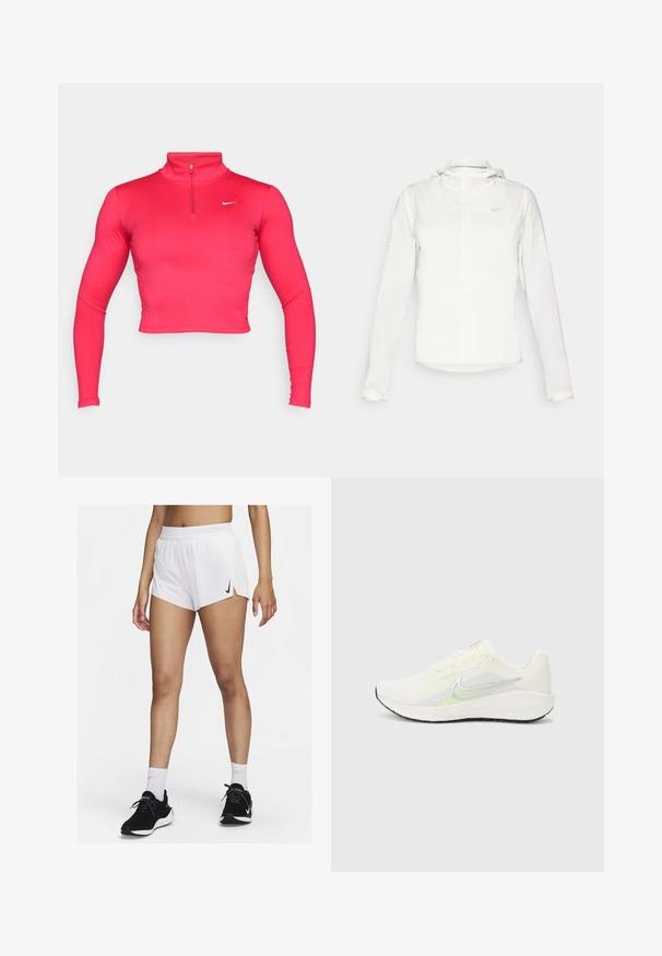 Bela Nike jakna s kapuco, polno zadrgo, elastičnimi manšetami in diskretnim logotipom na prsih. Gladka tekstura in lahko oblikovanje.; Roza skrajšana atletska majica z dolgimi rokavi ima visok ovratnik in četrti zadrgo. Narejena je iz gladkega, raztegljivega blaga z majhnim belim logotipom.; Beli atletski šort z rebrastim pasom, stranskimi zarezi in črnim logotipom Nike. Nošen s črnimi supergami in belimi nogavicami do gležnja.; Nike Performance DOWNSHIFTER 13 - Tekaški copati za cesto - sail/silver-coloured photon dust/summit white/barely volt/black