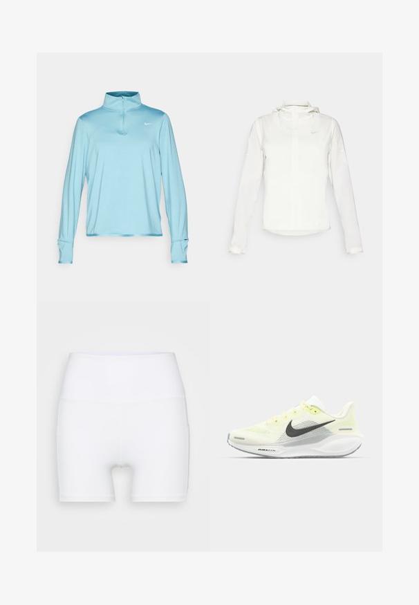 White Nike jacket with a hood, full zip, elastic cuffs, and a subtle logo on the chest. Smooth texture and lightweight design.; Light blue long-sleeve athletic top with a half-zip collar, featuring a slim fit and Nike logo on the chest. Soft, stretchy fabric.; White high-waisted shorts made from stretch fabric. Features a smooth texture and fitted design, with no additional patterns or hardware.; Nike running shoes with a light yellow and white mesh upper, grey accents, and a flexible rubber sole. Features a lace-up closure.