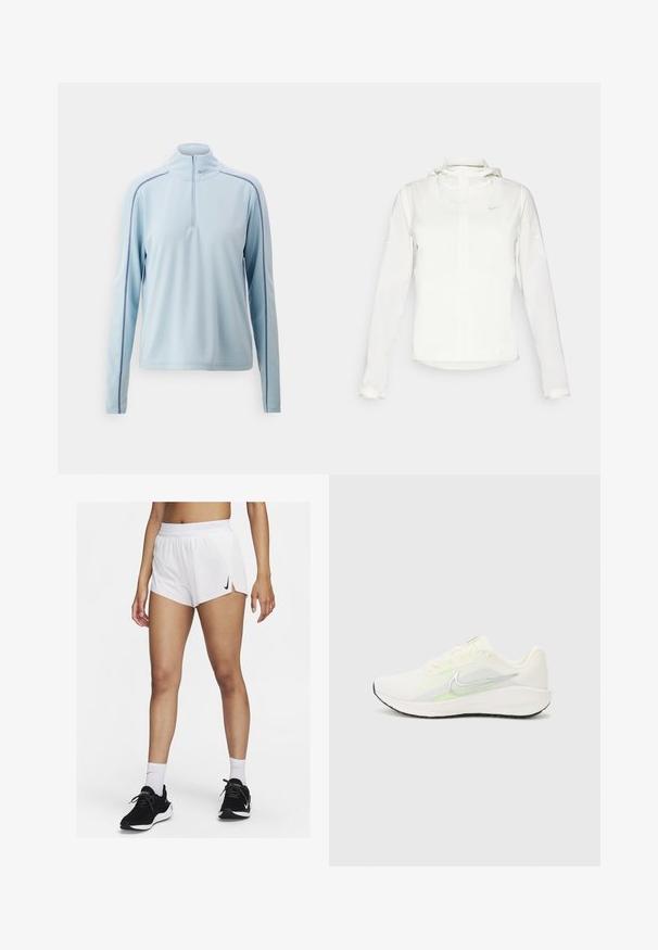 Balta Nike striukė su gobtuvu, pilnu užtrauktuku, elastingomis rankovėmis ir subtiliu logotipu ant krūtinės. Sklandi tekstūra ir lengvas dizainas.; Šviesiai mėlynas ilgomis rankovėmis megztinis su pusiau užtrauktuku, pagamintas iš glotnaus audinio, su kontrastingomis tamsiai mėlynomis šoninėmis juostomis ir stovinčiu apykaklė.; Balti sportiniai šortai su iškiliais juosmens dirželiais, šoninėmis skeltukėmis ir juodu Nike logotipu. Dėvimi su juodais sportbačiais ir baltais aukštais kojinėmis.; Nike Performance DOWNSHIFTER 13 - Bėgimo batai plentui - sail/silver-coloured photon dust/summit white/barely volt/black