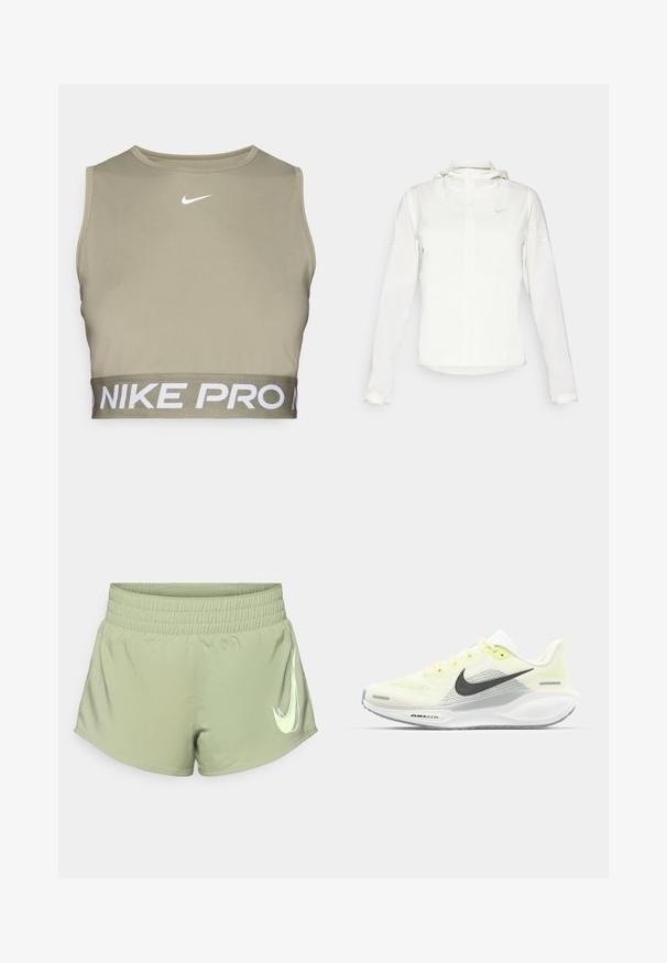 Chaqueta blanca de Nike con capucha, cremallera completa, puños elásticos y un logo sutil en el pecho. Textura suave y diseño ligero.; Deportiva Nike Pro en verde oliva, diseño ajustado, cuello redondo y logo en blanco en el pecho. Presenta una amplia banda elástica con el nombre de la marca.; Pantalones cortos deportivos de color verde claro con una cinturilla elástica, que presentan un prominente logotipo de Nike en blanco en la parte inferior derecha.; Zapatillas de correr Nike con una parte superior de malla en amarillo claro y blanco, detalles en gris y una suela de goma flexible. Cuenta con un cierre de cordones.