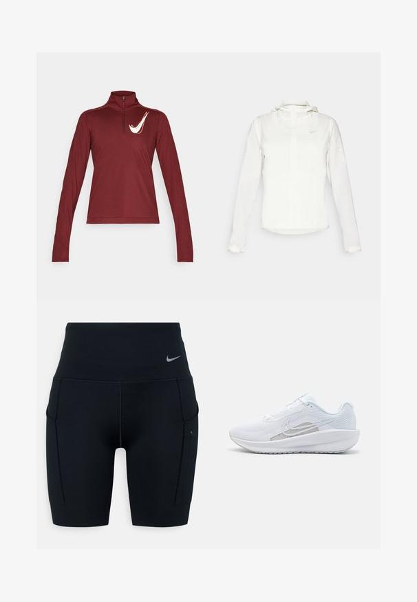 Witte Nike-jack met een capuchon, volledige rits, elastische manchetten en een subtiele logo op de borst. Gladde textuur en lichtgewicht ontwerp.; Bordeaux lange mouwen top met hoge kraag en halve rits, met een wit Nike-logo op de linkerborst, zachte textuur met een slim-fit ontwerp.; Zwarte hoogsluitende sportshorts gemaakt van rekbaar materiaal; heeft zijzakken en een klein Nike-logo op de tailleband.; Witte sportieve schoen met een bovenwerk van mesh, ronde neus en een textuurzool. Beschikt over een zilveren Nike swoosh en een minimalistisch ontwerp.