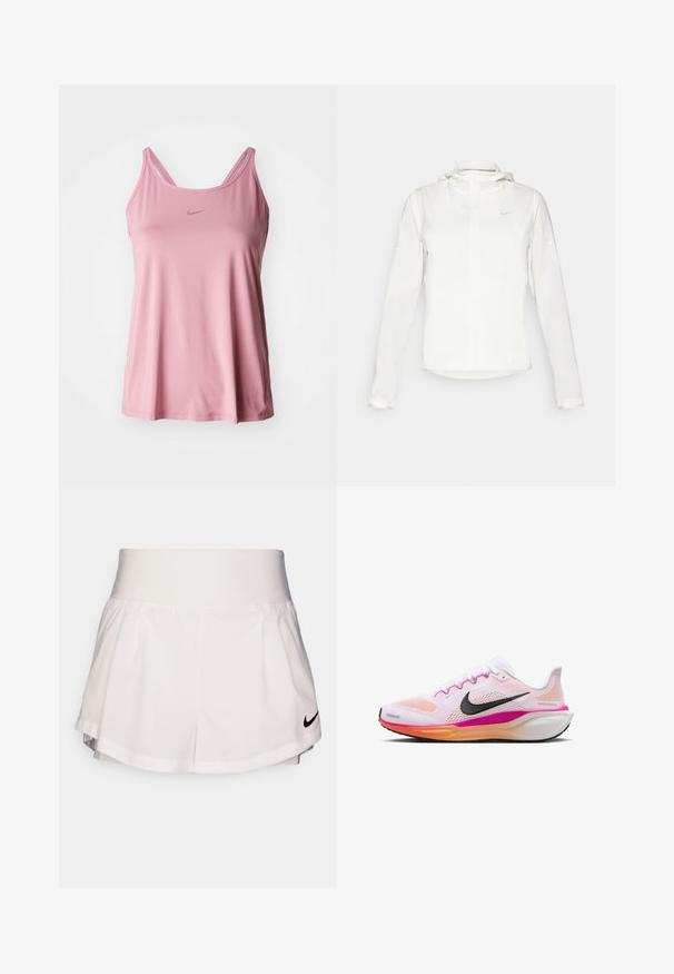 Valkoinen Nike-takki hupulla, täyspitkällä vetoketjulla, joustavilla hihansuilla ja hillityllä logolla rinnassa. Sujuva pinta ja kevyt muotoilu.; Vaaleanpunainen hihaton toppi, joka on valmistettu sileästä kankaasta. Mallissa on kaksinkertainen olkaimesuunnittelu ja minimaalinen logoyksityiskohta edessä.; Nike Performance SHORT - Urheilushortsit - white/black; Valkoinen juoksukengä, jossa on verkkomateriaali, vaaleanpunaisia ja oransseja yksityiskohtia, musta swoosh-logo, kumipohja ja pehmustettu välikerros mukavuutta varten.