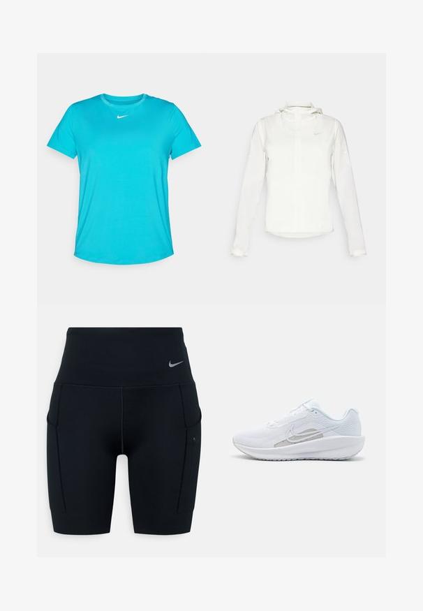 Casaco branco da Nike com capuz, fecho completo, punhos elásticos e um logótipo subtil no peito. Textura suave e design leve.; Camiseta de manga curta da Nike em turquesa, feita de um tecido suave e leve. Apresenta um decote redondo e um pequeno logo branco no peito.; Calças curtas atléticas altas pretas feitas de material elástico; apresentam bolsos laterais e um pequeno logótipo da Nike na cintura.; Sapatilha atlética branca com parte superior em rede, bico arredondado e sola texturizada. Apresenta o símbolo Nike em prata e um design minimalista.