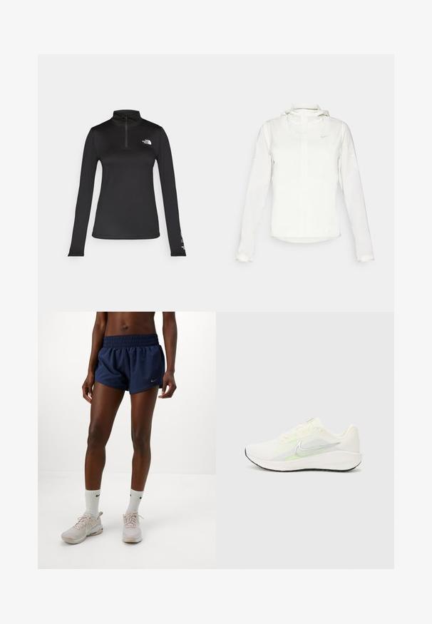 Jachetă albă Nike cu glugă, fermoar pe toată lungimea, manșete elastice și un logo subtil pe piept. Textură netedă și design ușor.; The North Face FLEX 1/4 ZIP GRAPHIC - Bluză cu mânecă lungă - black; Femeie îmbrăcată în pantaloni scurți atletici bleumarin, cu șosete albe Nike și adidași Nike roz deschis, stând în fața unui fundal alb simplu.; Nike Performance DOWNSHIFTER 13 - Pantofi de alergare pe asfalt - sail/silver-coloured photon dust/summit white/barely volt/black
