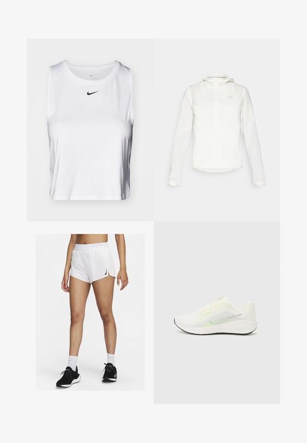 White Nike jacket with a hood, full zip, elastic cuffs, and a subtle logo on the chest. Smooth texture and lightweight design.; White sleeveless athletic top made of smooth fabric, featuring a round neckline and a small black Nike logo on the chest.; White athletic shorts with a ribbed waistband, side slits, and a black Nike logo. Worn with black sneakers and white crew socks.; Nike Performance DOWNSHIFTER 13 - Road running shoes - sail/silver-coloured photon dust/summit white/barely volt/black