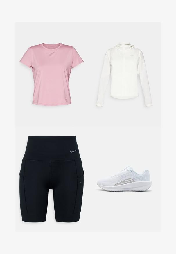 Casaco branco da Nike com capuz, fecho completo, punhos elásticos e um logótipo subtil no peito. Textura suave e design leve.; T-shirt de manga curta, com decote redondo, na cor rosa claro, feita de um tecido suave com um brilho subtil. Apresenta um pequeno logótipo no peito.; Calças curtas atléticas altas pretas feitas de material elástico; apresentam bolsos laterais e um pequeno logótipo da Nike na cintura.; Sapatilha atlética branca com parte superior em rede, bico arredondado e sola texturizada. Apresenta o símbolo Nike em prata e um design minimalista.