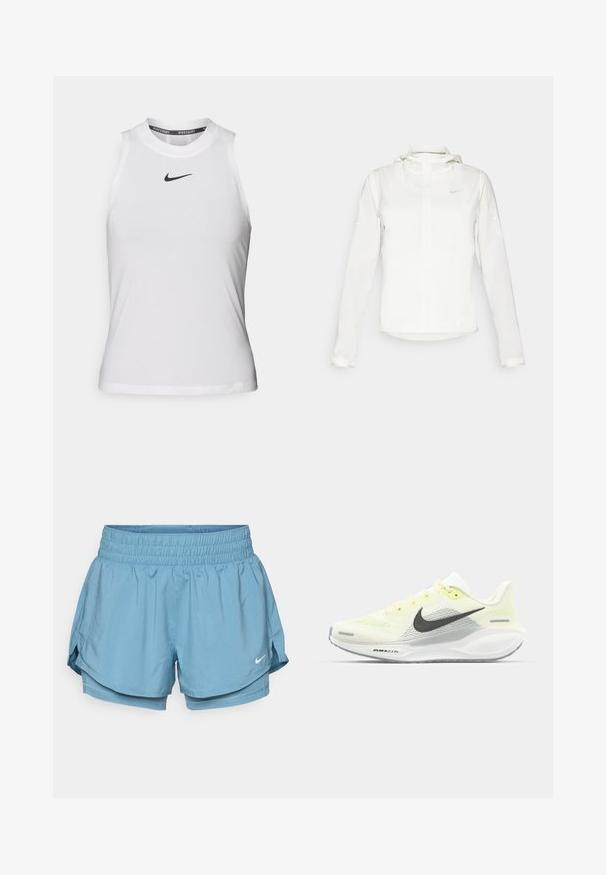 Chaqueta blanca de Nike con capucha, cremallera completa, puños elásticos y un logo sutil en el pecho. Textura suave y diseño ligero.; Camiseta atlética blanca sin mangas con cuello redondo y un pequeño logo de Nike negro en el pecho. Fabricada con un tejido suave y ligero.; Pantalones cortos deportivos de color azul claro con una ancha cinturilla elástica, forro interior y aberturas laterales para facilitar el movimiento. Presenta un pequeño logo blanco.; Zapatillas de correr Nike con una parte superior de malla en amarillo claro y blanco, detalles en gris y una suela de goma flexible. Cuenta con un cierre de cordones.