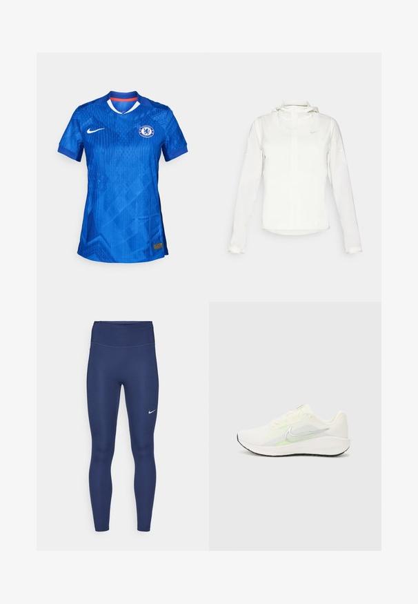 Weiße Nike-Jacke mit Kapuze, durchgehendem Reißverschluss, elastischen Bündchen und einem dezenten Logo auf der Brust. Glatte Textur und leichtes Design.; Das Trikot des Chelsea Football Club in lebhaftem Blau, versehen mit einem dezenten geometrischen Muster, einem weißen Kragen und dem Nike-Logo auf der Vorderseite.; Navy Leggings mit hohem Taillenbund, aus dehnbarem Stoff gefertigt. Sie verfügen über dezente Nähte und ein kleines weißes Nike-Logo am linken Oberschenkel.; Nike Performance DOWNSHIFTER 13 - Laufschuh Straße - sail/silver-coloured photon dust/summit white/barely volt/black