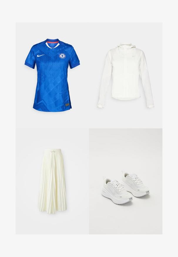 Bílá bunda Nike s kapucí, plným zipem, elastickými manžetami a decentním logem na hrudi. Hladká textura a lehký design.; Dres fotbalového klubu Chelsea v jasně modré barvě, s jemným geometrickým vzorem, bílým límečkem a logem Nike na přední straně.; Plisovaná midi sukně ze světlého žlutého materiálu, vybavená elastickým pasem se zavazováním, hladkou texturou a svislými pruhy pro přidaný detail.; Bílé sportovní boty s texturovaným síťovým svrškem, polstrovanou podešví a jemnými šedými akcenty. Obsahují branding a smyčku na patě pro snadné obouvání.