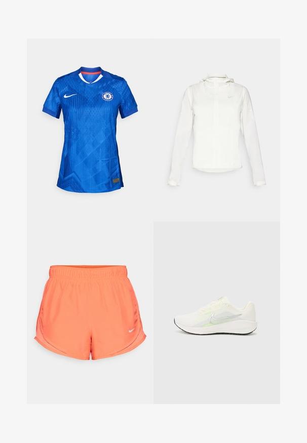 Casaco branco da Nike com capuz, fecho completo, punhos elásticos e um logótipo subtil no peito. Textura suave e design leve.; Camisa do Chelsea Football Club em azul vibrante, com um padrão geométrico subtil, colarinho branco e logótipo da Nike na parte da frente.; Os calções Nike cor-de-rosa apresentam um cós elástico, aberturas laterais para mobilidade e um pequeno logótipo prateado no canto inferior direito. Tecido liso e leve.; Nike Performance DOWNSHIFTER 13 - Sapatos para corrida em estrada - sail/silver-coloured photon dust/summit white/barely volt/black