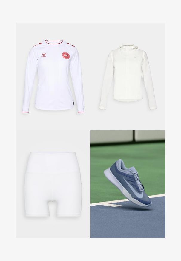 Biela Nike bunda s kapucňou, plným zipsom, elastickými manžetami a jemným logom na hrudi. Hladká textúra a ľahký dizajn.; Biele dlhé rukávy z hladkého materiálu s červenými akcentmi na pleciach a golieri, a s guľatým červeným logom na hrudi.; Biele vysoké šortky vyrobené z elastického materiálu. Majú hladkú textúru a prispôsobený strih, bez ďalších vzorov alebo kovania.; Športové tenisky v svetlomodrej a námorníckej farebnej kombinácii, s textúrovaným zvrškom, plochými šnúrkami a ľahkou bielou podrážkou. Vyvýšené nad povrchom ihriska.