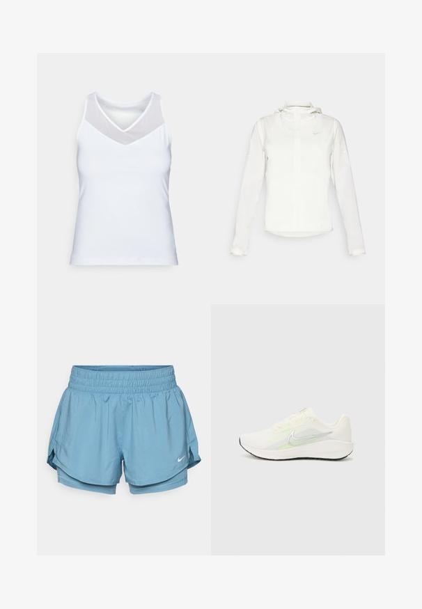 Jachetă albă Nike cu glugă, fermoar pe toată lungimea, manșete elastice și un logo subtil pe piept. Textură netedă și design ușor.; Top alb dintr-un material neted, cu decolteu în V, având detalii din plasă transparentă pe umeri. Design simplu și ajustat.; Shorts atletici de culoare albastru deschis, cu un corset elastic lat, căptușeală interioară și fante laterale pentru un confort sporit în mișcare. Prezintă un mic logo alb.; Nike Performance DOWNSHIFTER 13 - Pantofi de alergare pe asfalt - sail/silver-coloured photon dust/summit white/barely volt/black